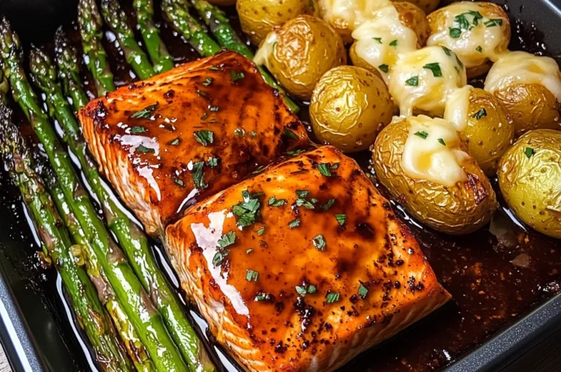 Sticky Glazed Salmon with Cheesy Asparagus & Roasted Baby Potatoes