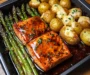 Sticky Glazed Salmon with Cheesy Asparagus & Roasted Baby Potatoes