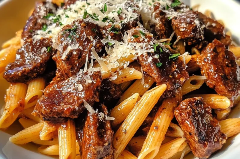 Sticky Smoky BBQ Parmesan Steak Bites Penne