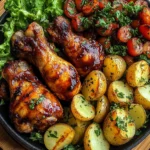 Ultimate Sticky BBQ Chicken Drumsticks with Crispy Potatoes & Fresh Garden Salad