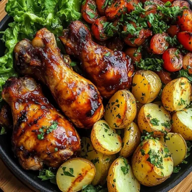 Ultimate Sticky BBQ Chicken Drumsticks with Crispy Potatoes & Fresh Garden Salad