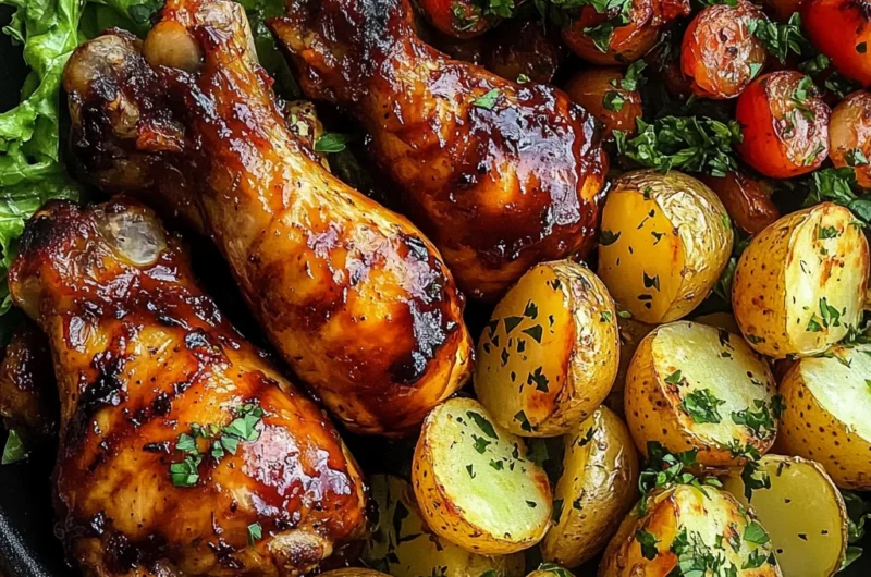 Ultimate Sticky BBQ Chicken Drumsticks with Crispy Potatoes & Fresh Garden Salad
