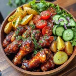 Ultimate Sticky BBQ Chicken Wings Platter with Crispy Potatoes & Fresh Salad