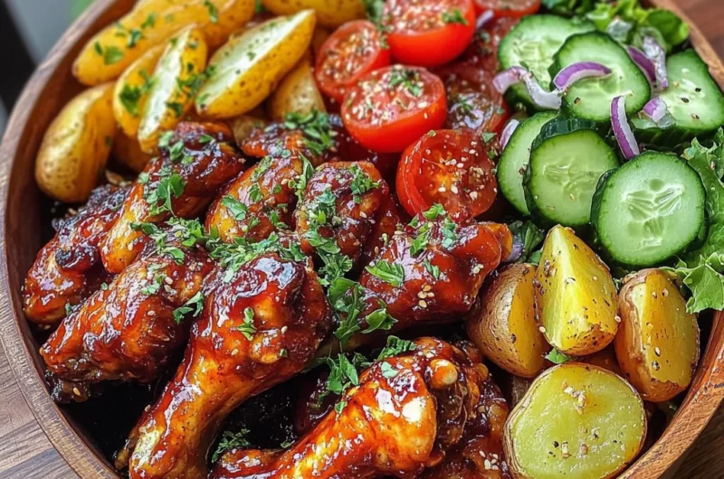 Ultimate Sticky BBQ Chicken Wings Platter with Crispy Potatoes & Fresh Salad