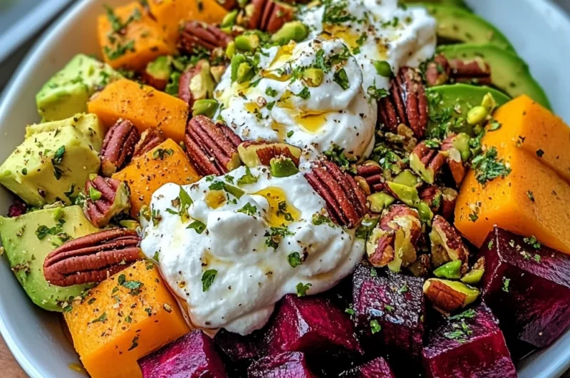 Vibrant Autumn Harvest Salad with Whipped Ricotta Clouds & Maple-Glazed Pecans